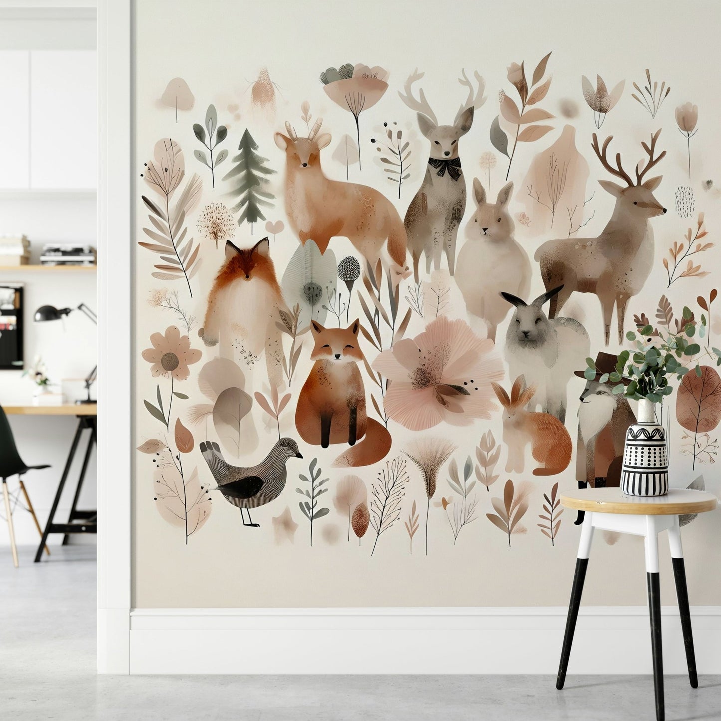 Sweet animal-themed forest mural for children's space.

