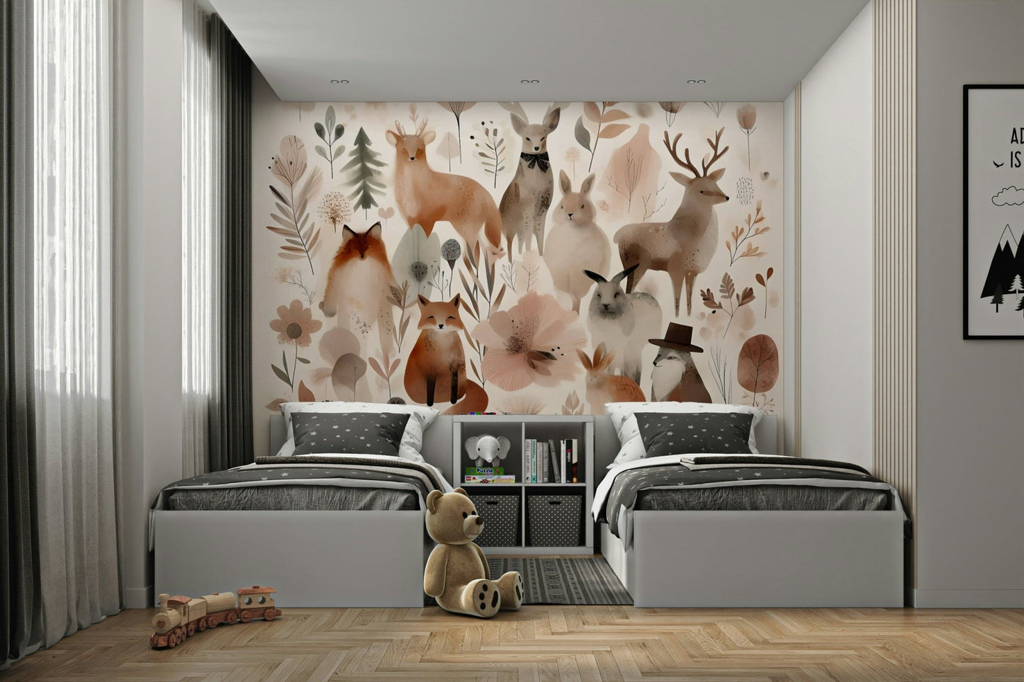 Magical forest scene mural with friendly forest creatures.

