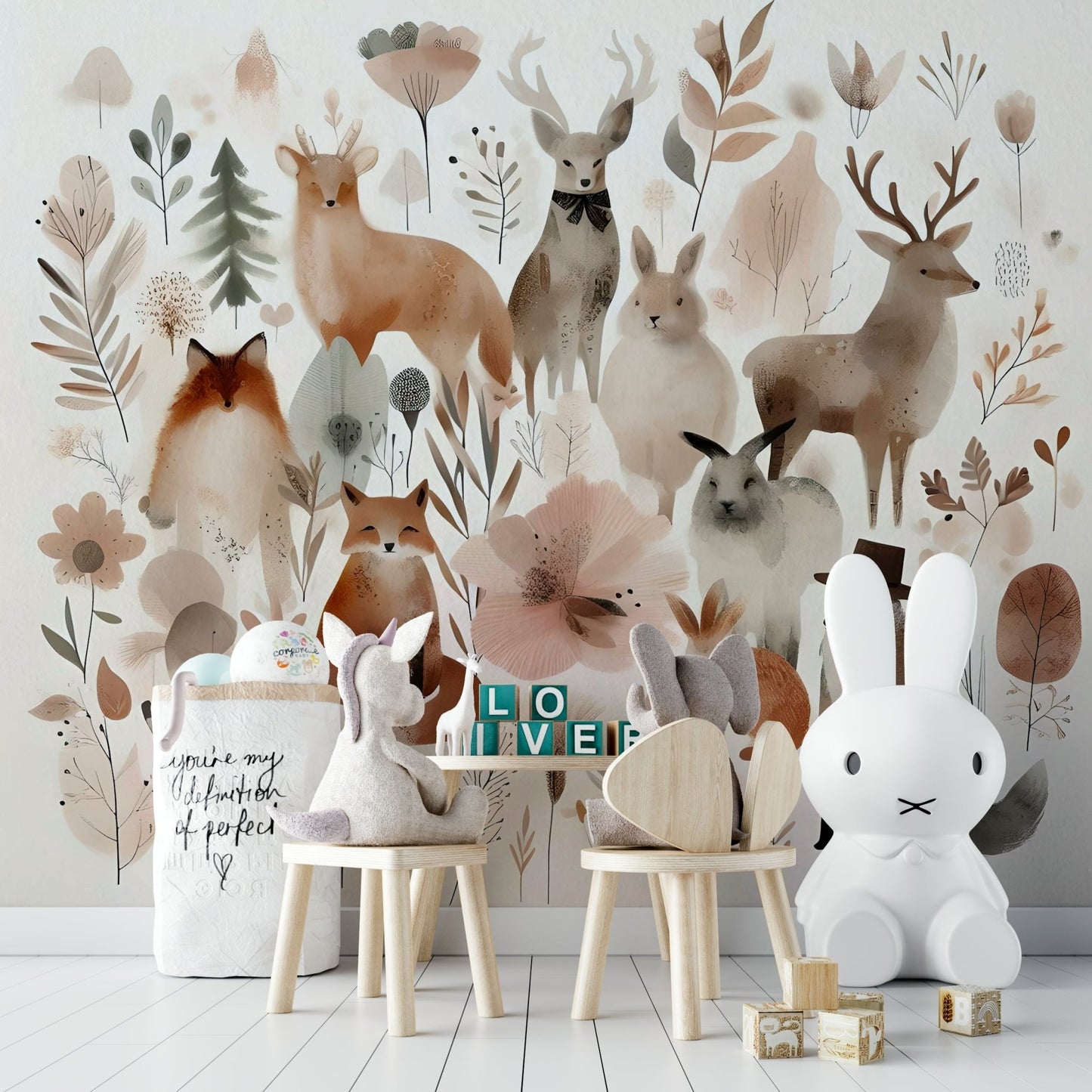 Cute forest mural with friendly animals and trees.

