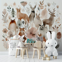Cute forest mural with friendly animals and trees.

