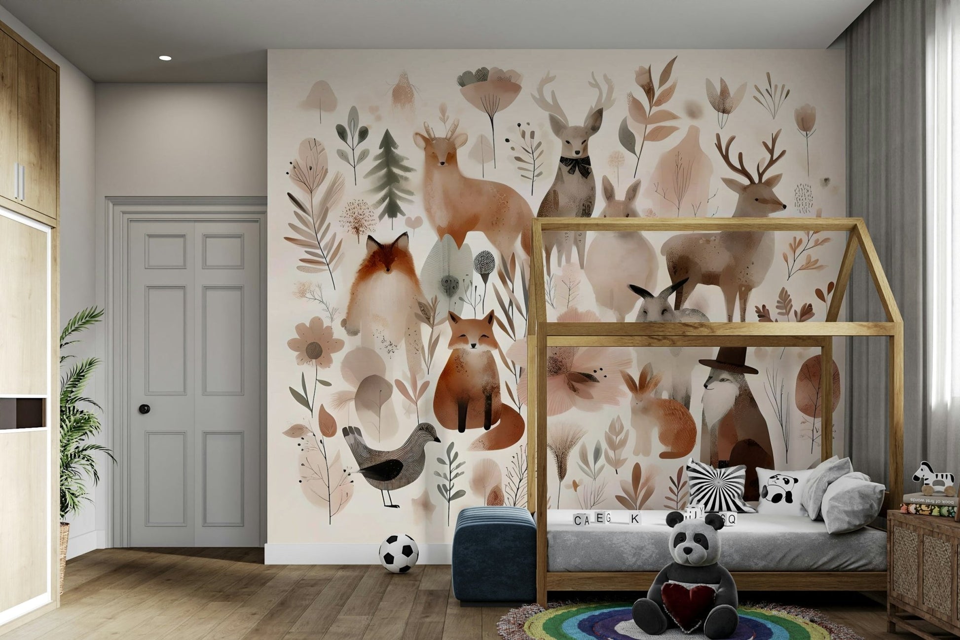 Charming whimsical forest friends wallpaper mural.

