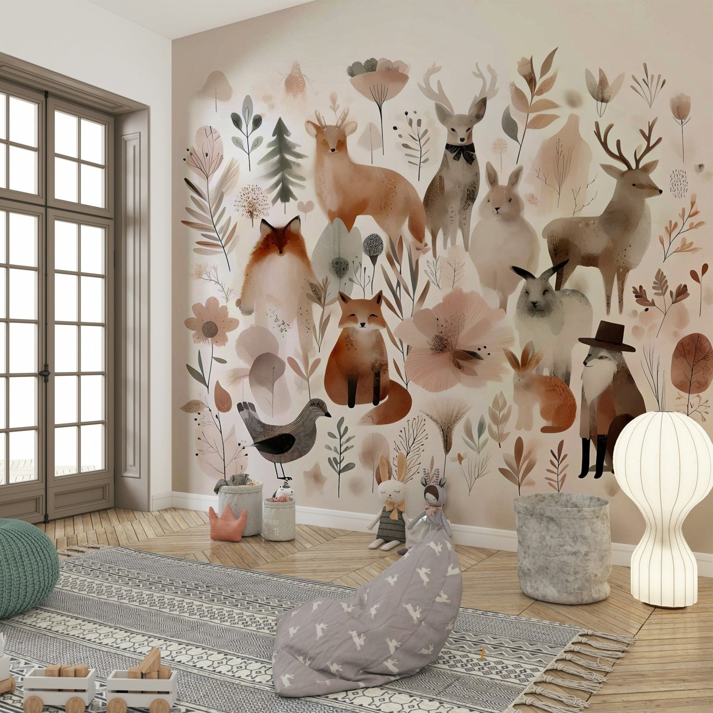 Colorful forest animal mural for a whimsical kids' room.

