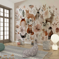 Colorful forest animal mural for a whimsical kids' room.

