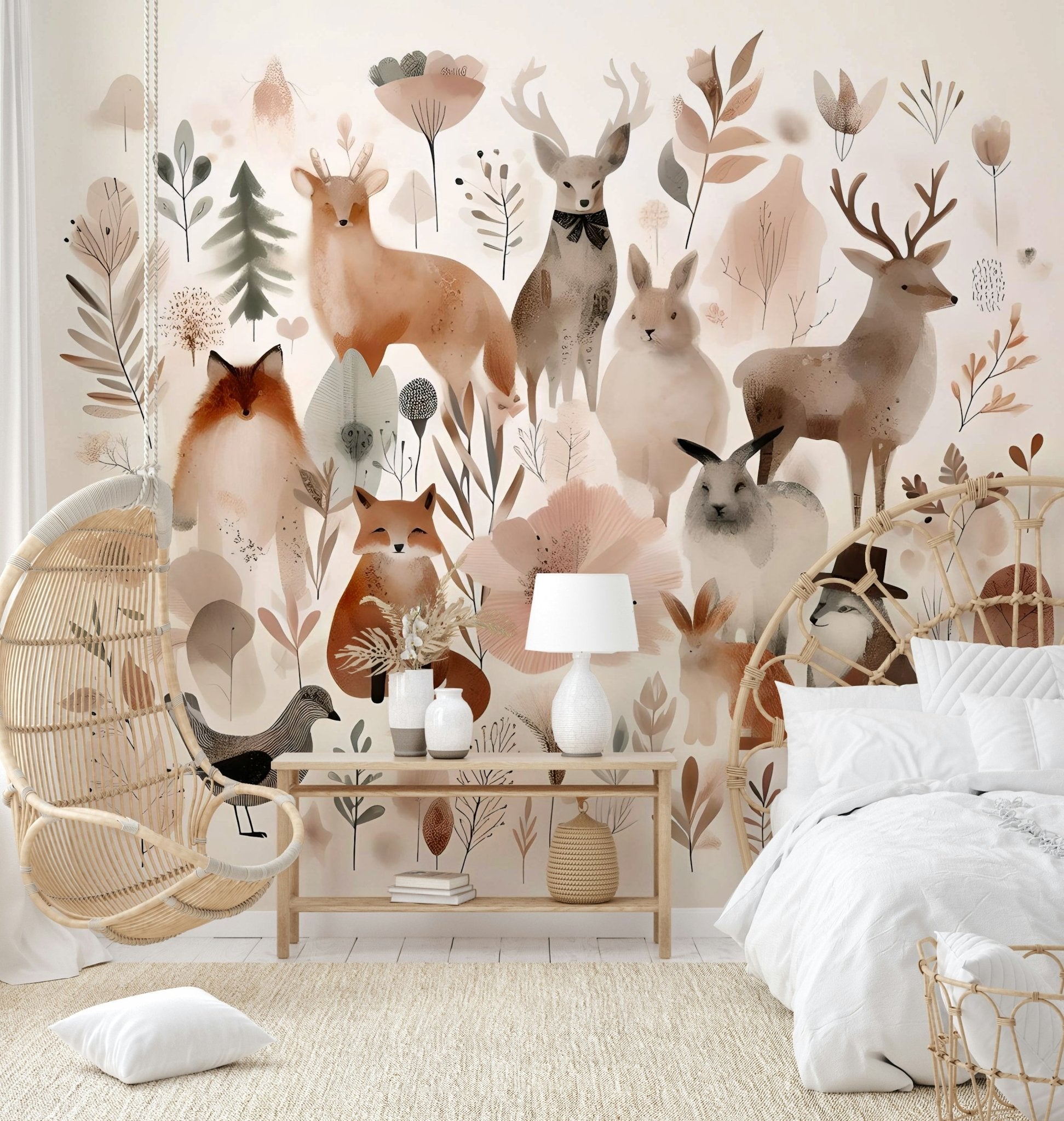 Playful forest animal wall mural for nursery walls.

