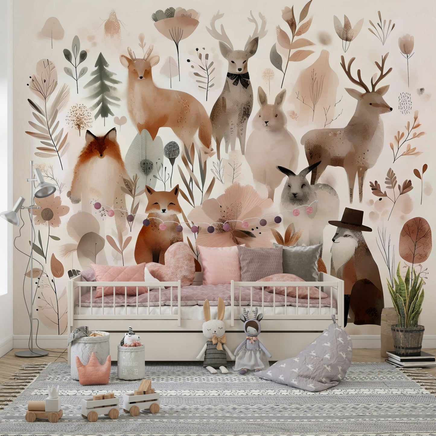 Enchanting forest mural featuring cute animal characters.

