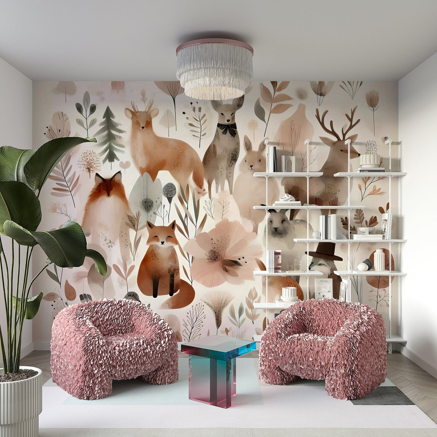 Kids' room forest friends wall mural with playful animals.

