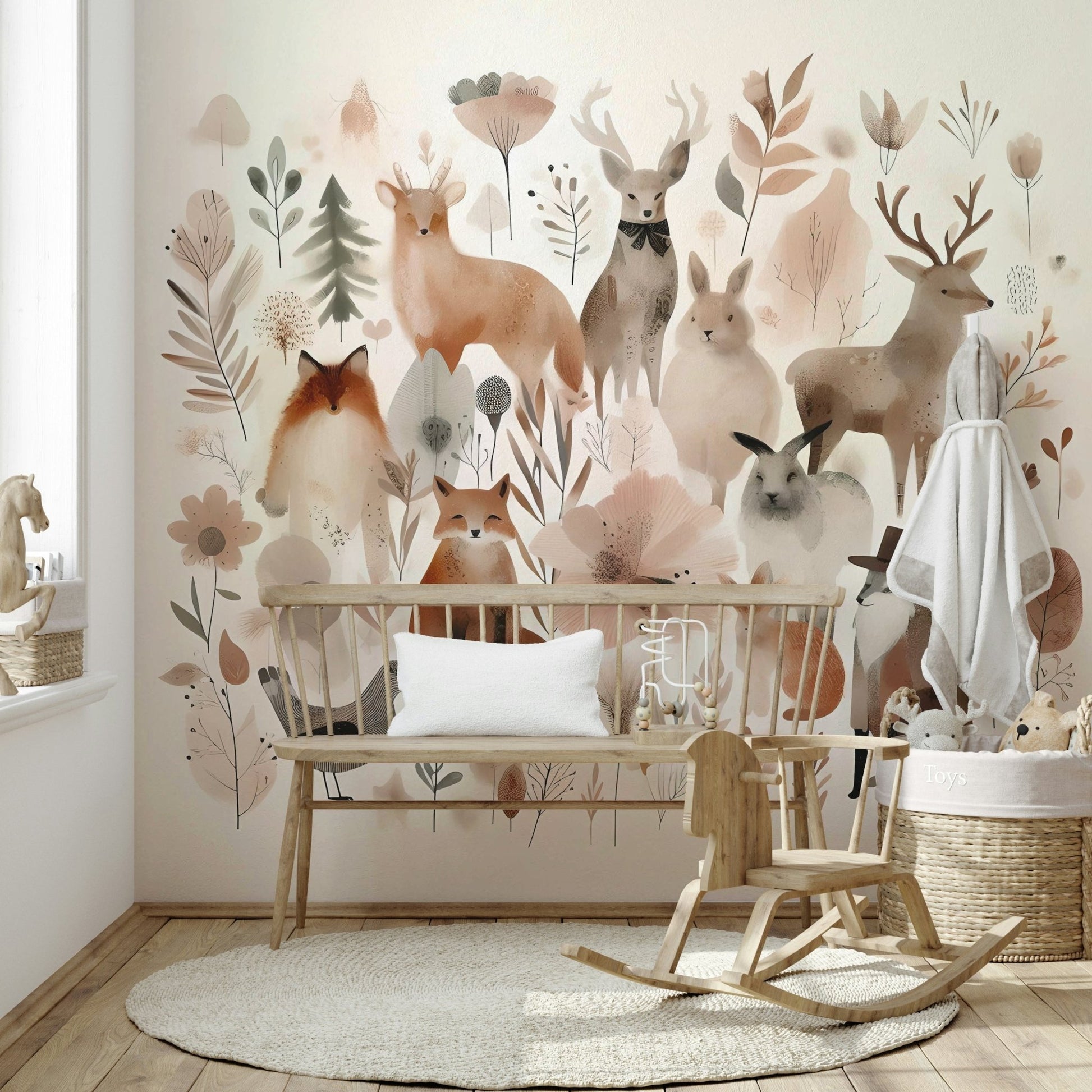 Whimsical forest friends wall mural for kids' room.

