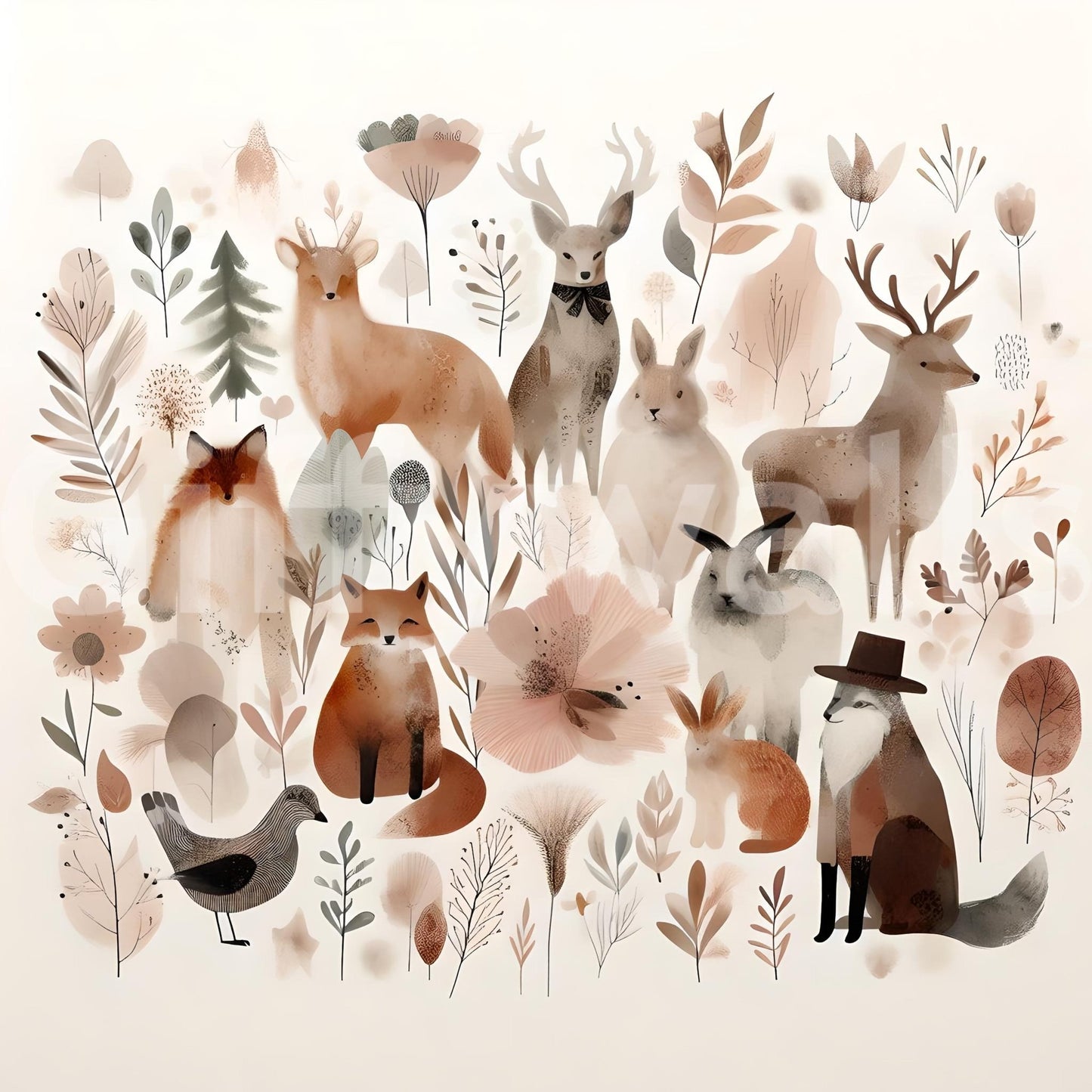 Delightful forest animals mural for nursery walls.

