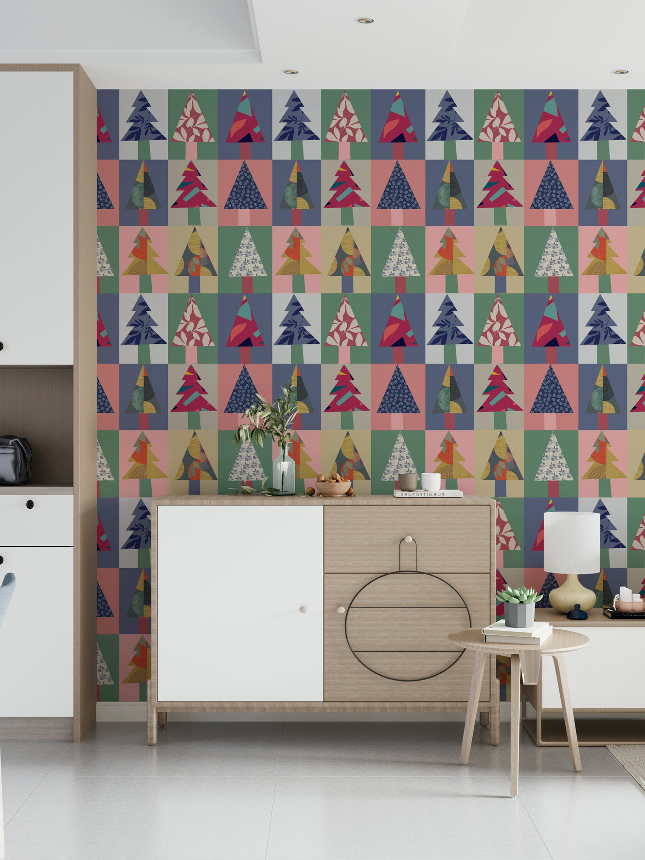 Festive Forest wallpaper in a cozy living room with a warm fireplace.
