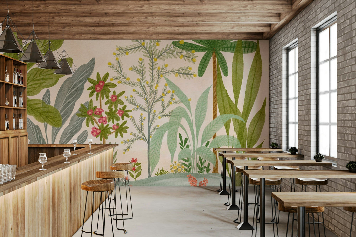 Enchanted garden mural in soft pastel tones

