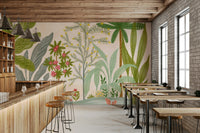Enchanted garden mural in soft pastel tones

