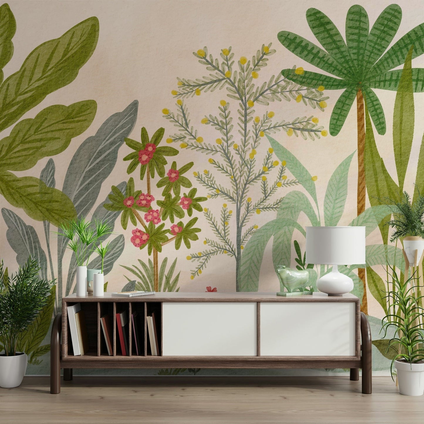 Garden-inspired wall mural with whimsical charm

