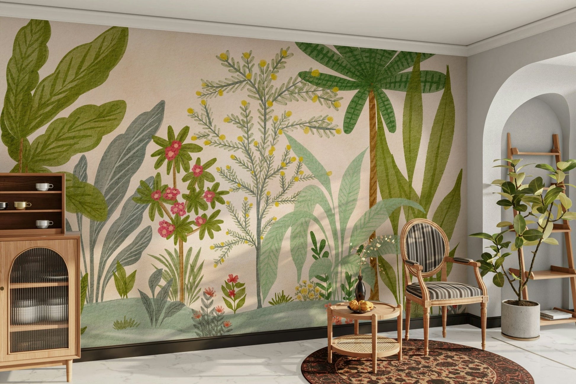Whimsical garden scene mural for calm spaces

