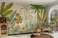 Whimsical garden scene mural for calm spaces

