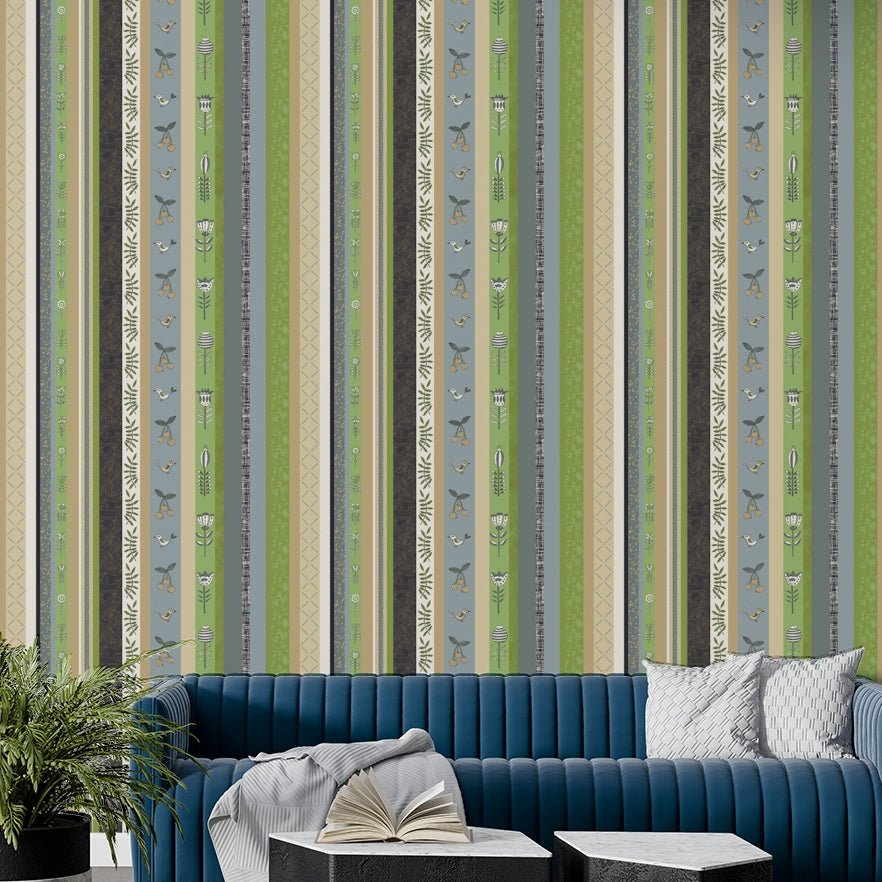 Wallpaper with various vertical stripes and different patterns.

