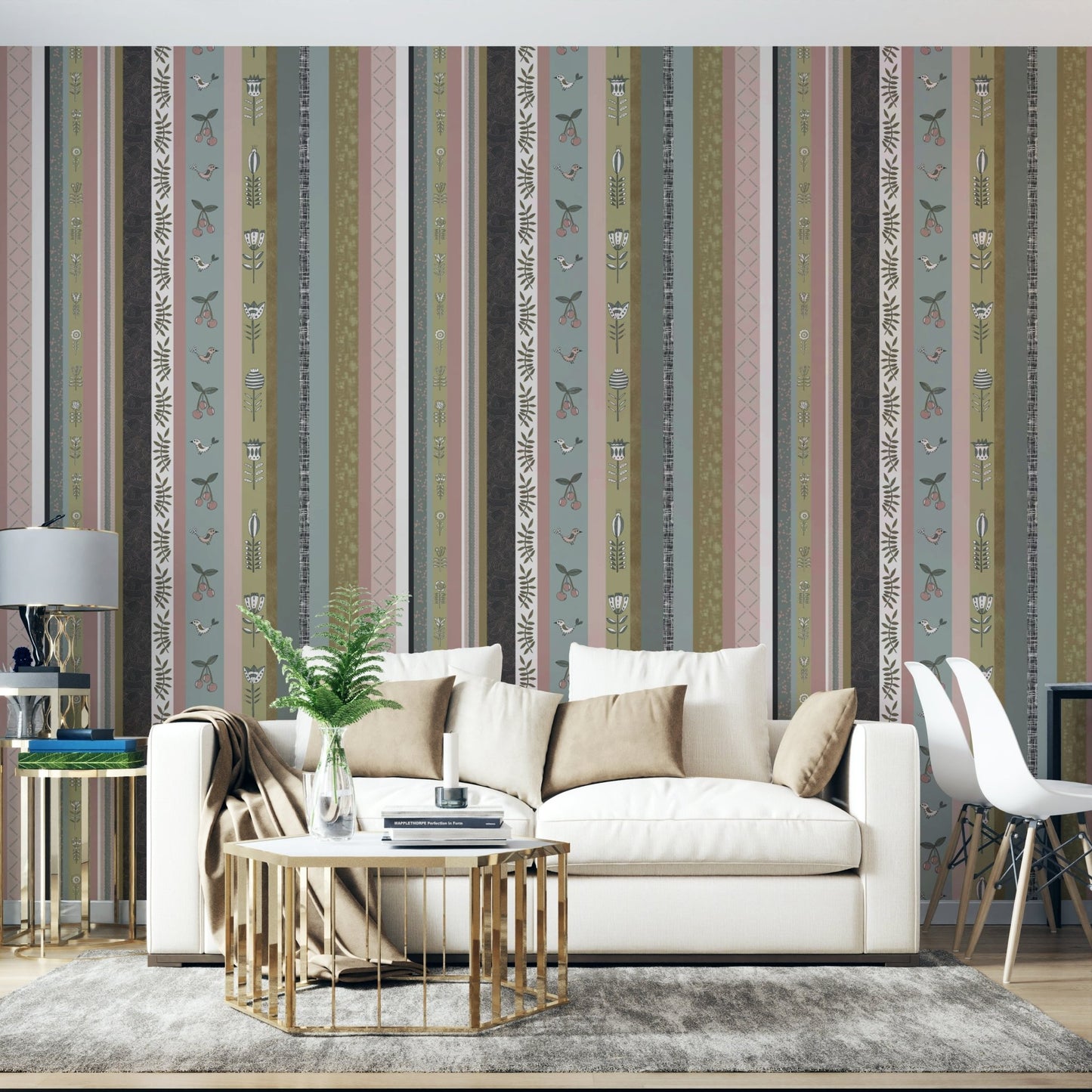 Whimsical Garden Stripes Muted Tones Wallpaper.

