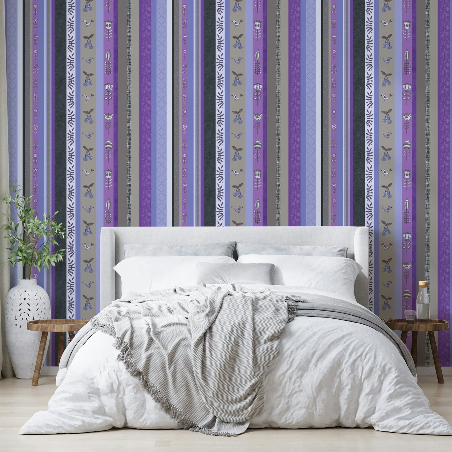 Wallpaper with various vertical stripes and different patterns.

