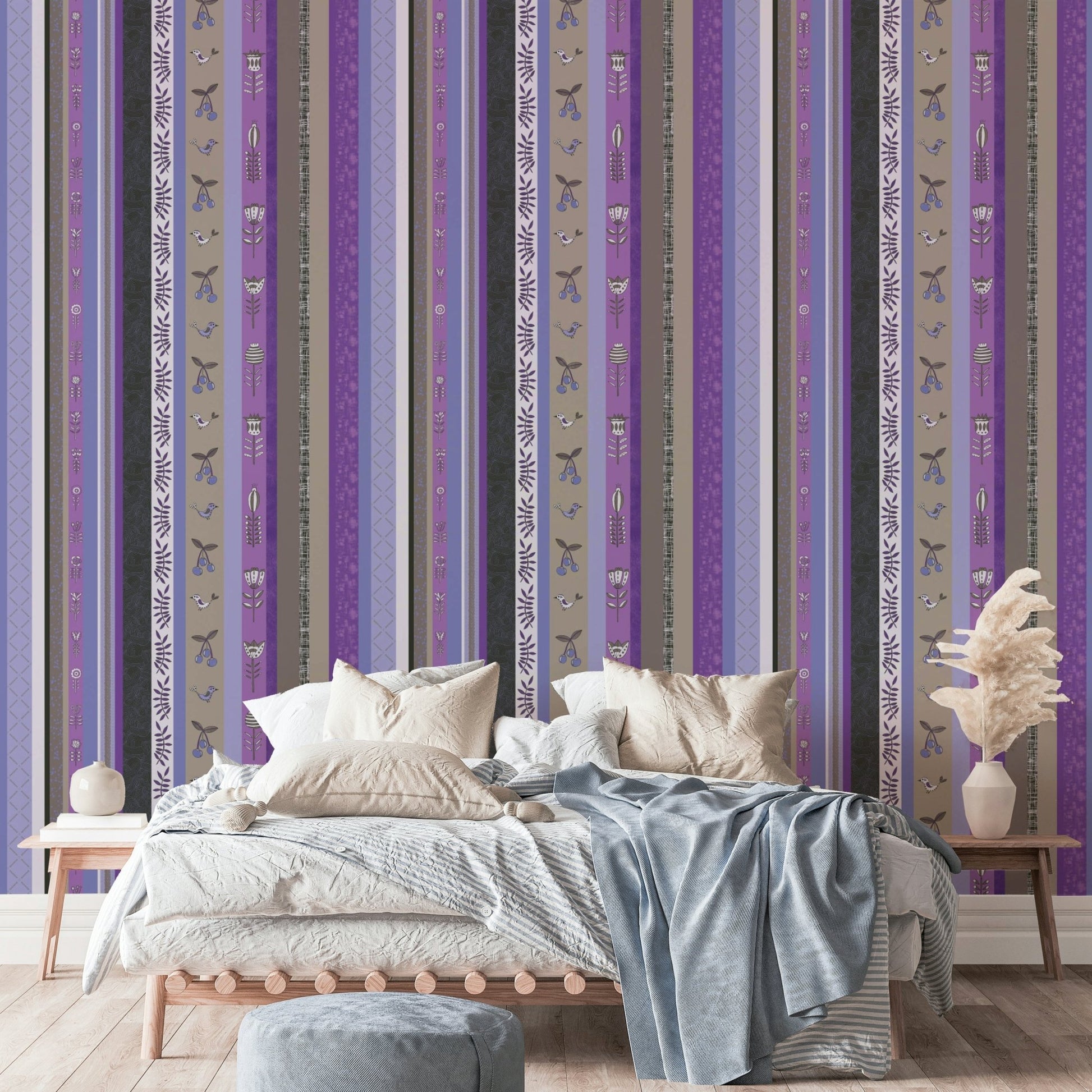 Design featuring whimsical flowers, cherries, and small birds.

