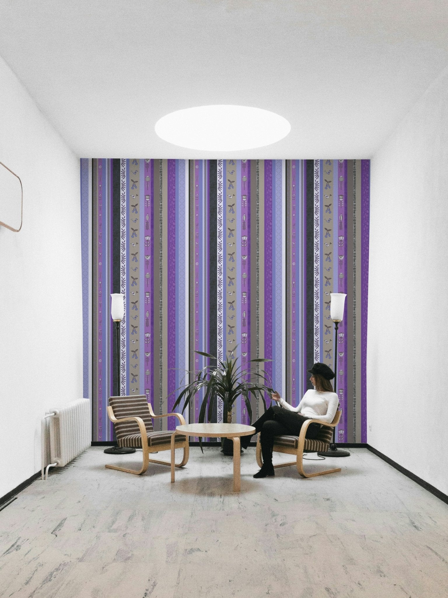 Seamless striped wallpaper with a mix of purple, gray, and beige.

