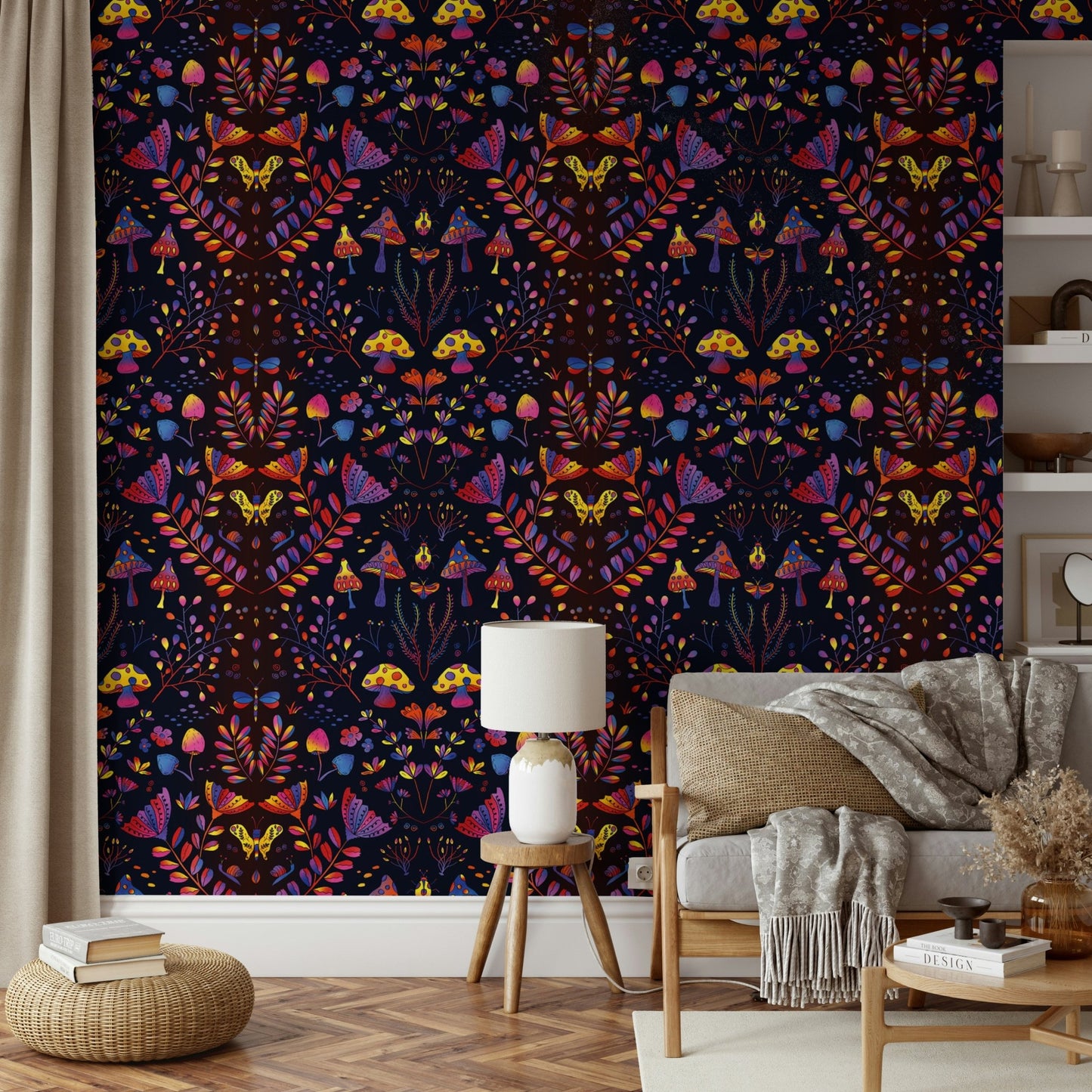 Pastel-toned wallpaper with whimsical flowers and soft texture.

