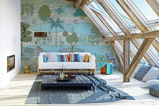 A cheerful wall mural with a whimsical, animal and nature design.

