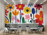 Close-up of abstract floral forms in vibrant wall art

