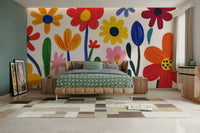 Living room styled with whimsical Matisse floral mural

