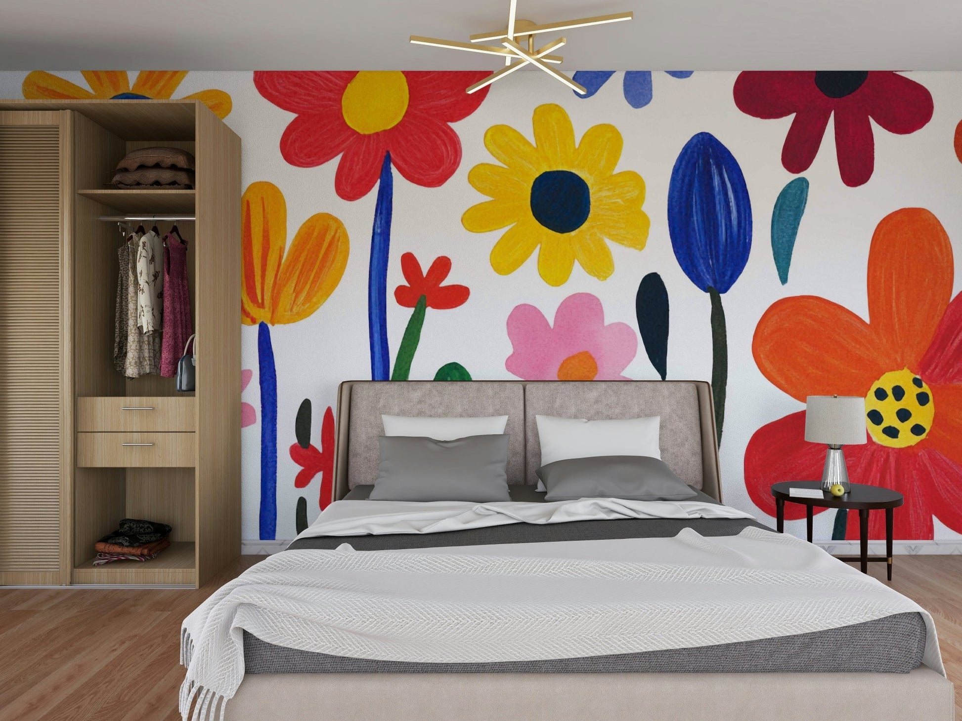 Art-inspired wall mural featuring whimsical flower shapes

