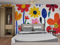 Art-inspired wall mural featuring whimsical flower shapes

