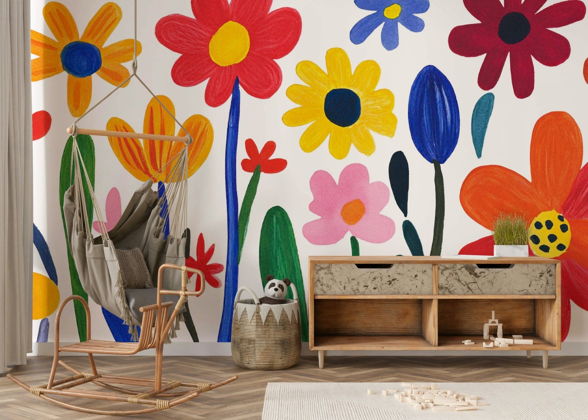 Colorful floral wall mural in Matisse-inspired style


