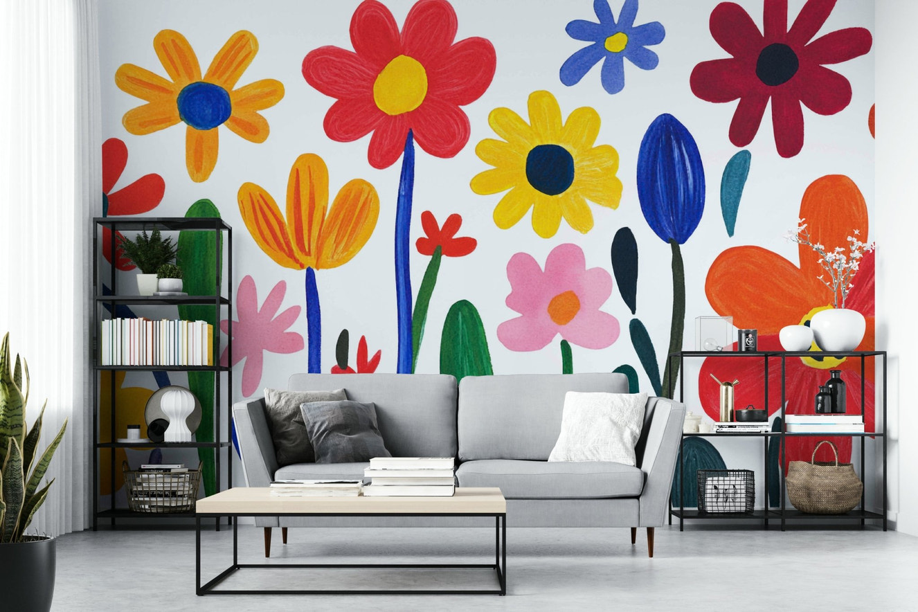 Whimsical Matisse mural with abstract cut-out flowers

