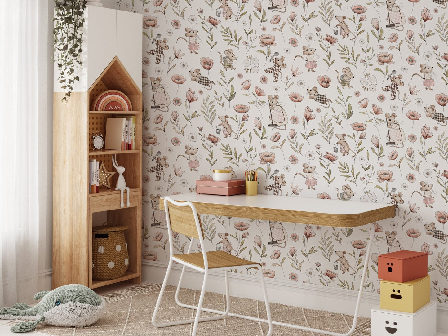 Vintage mice and flowers wallpaper design
