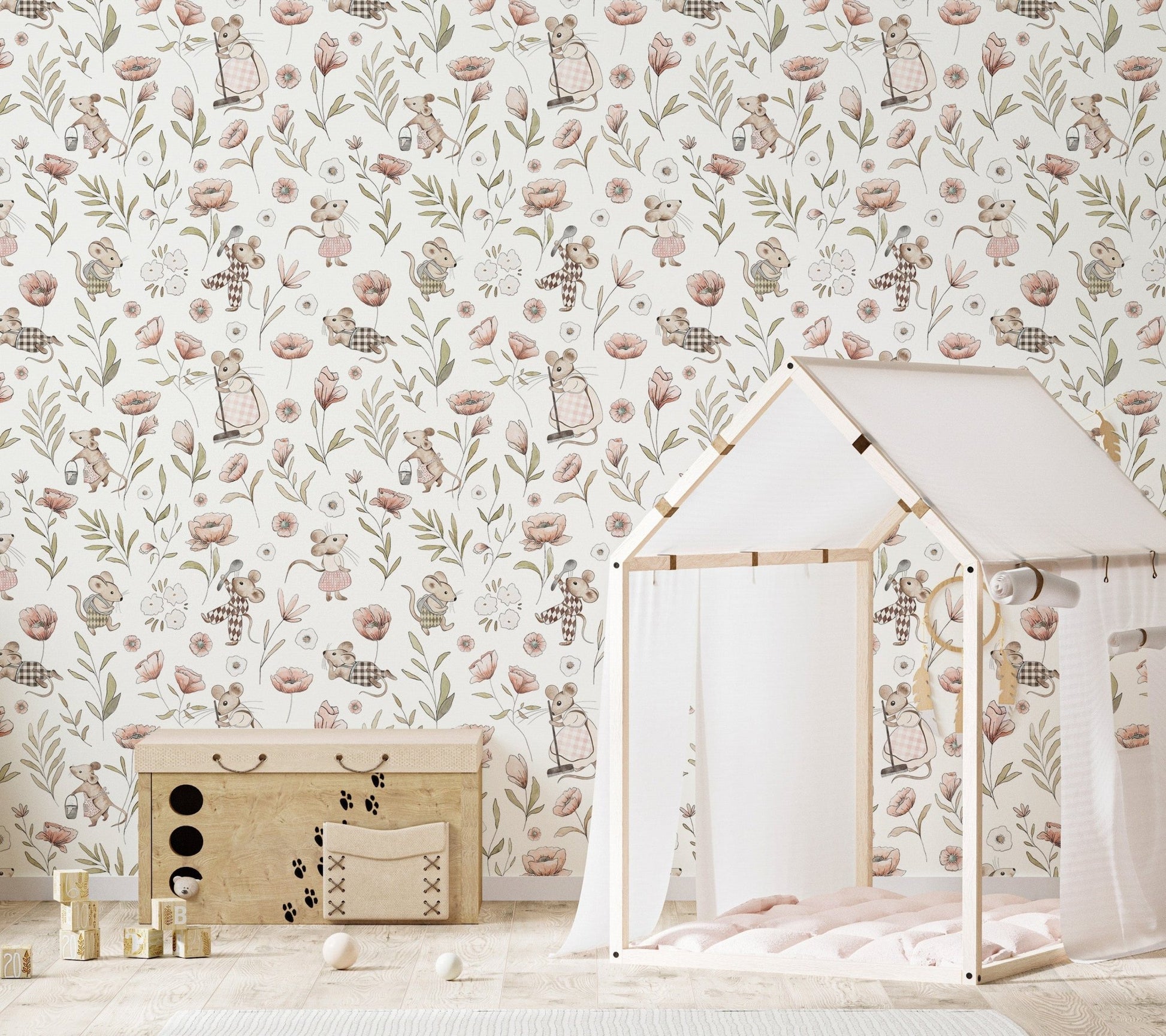 Soft pastel floral wallpaper with mice
