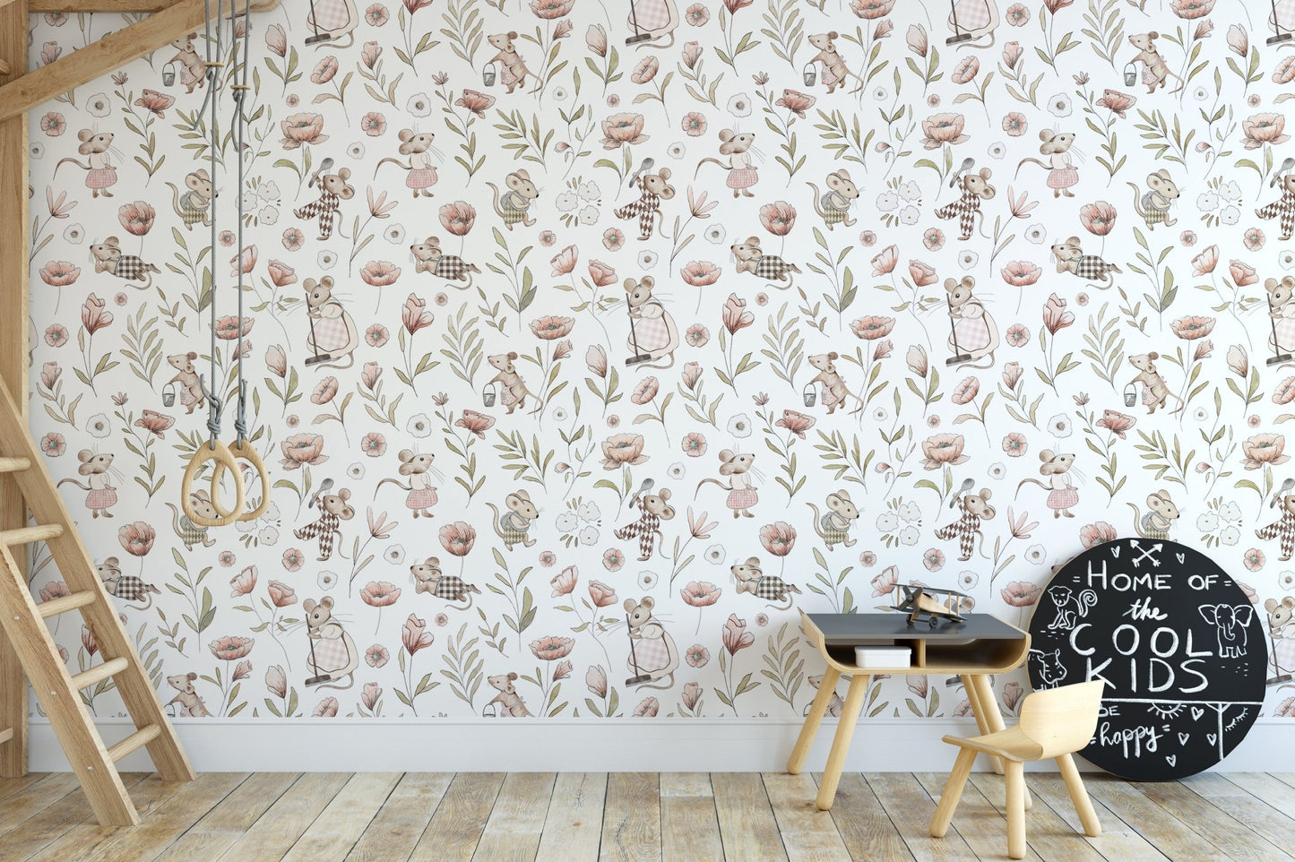 Fairy tale mice and floral wallpaper
