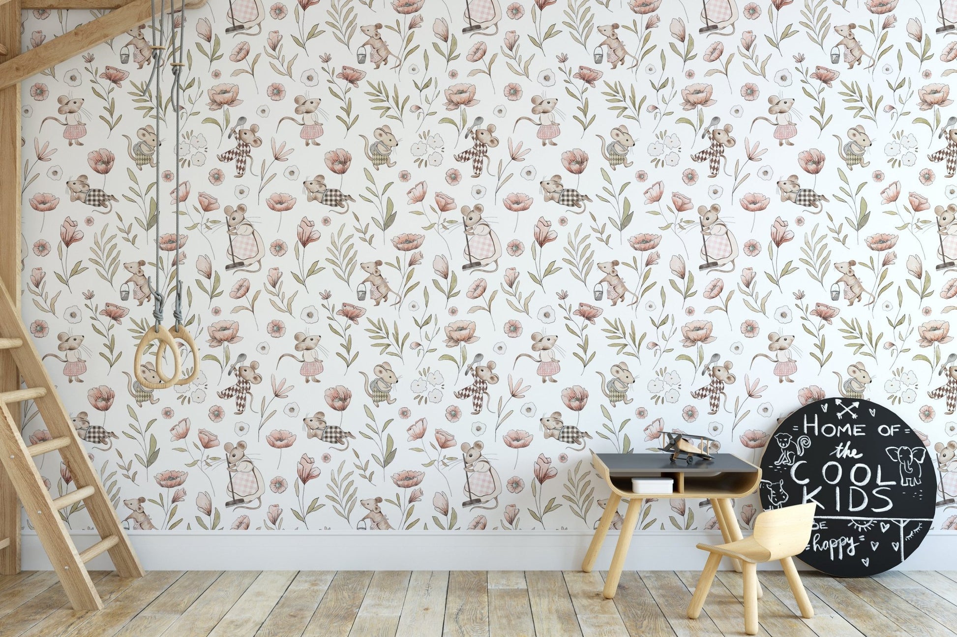 Fairy tale mice and floral wallpaper
