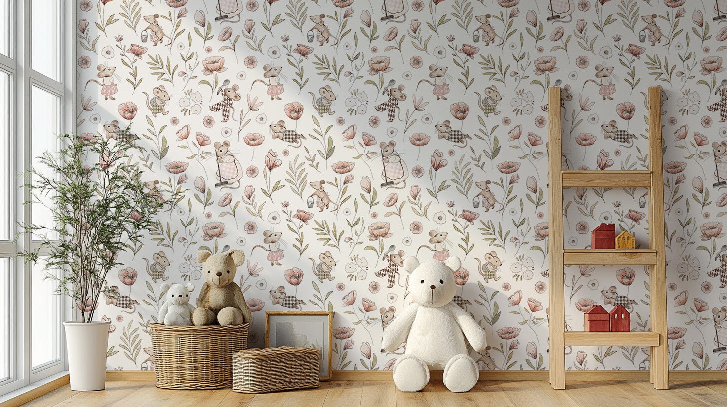 Cozy nursery wallpaper with mice theme
