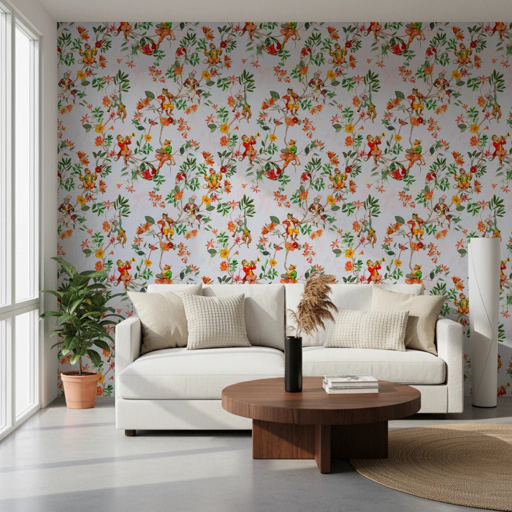 Clean-lined lounge space balanced by the lively monkey-and-bloom wallpaper pattern