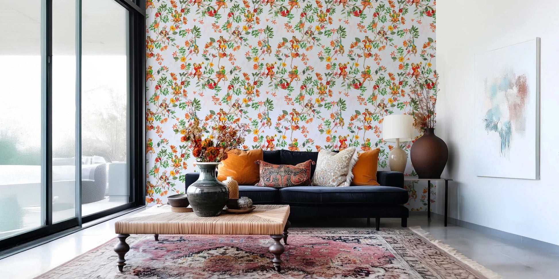 Window-side sitting area featuring whimsical monkey floral blue wallpaper