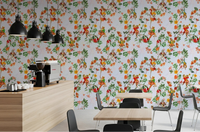 Café-style dining corner finished with whimsical monkey garden blue wallpaper