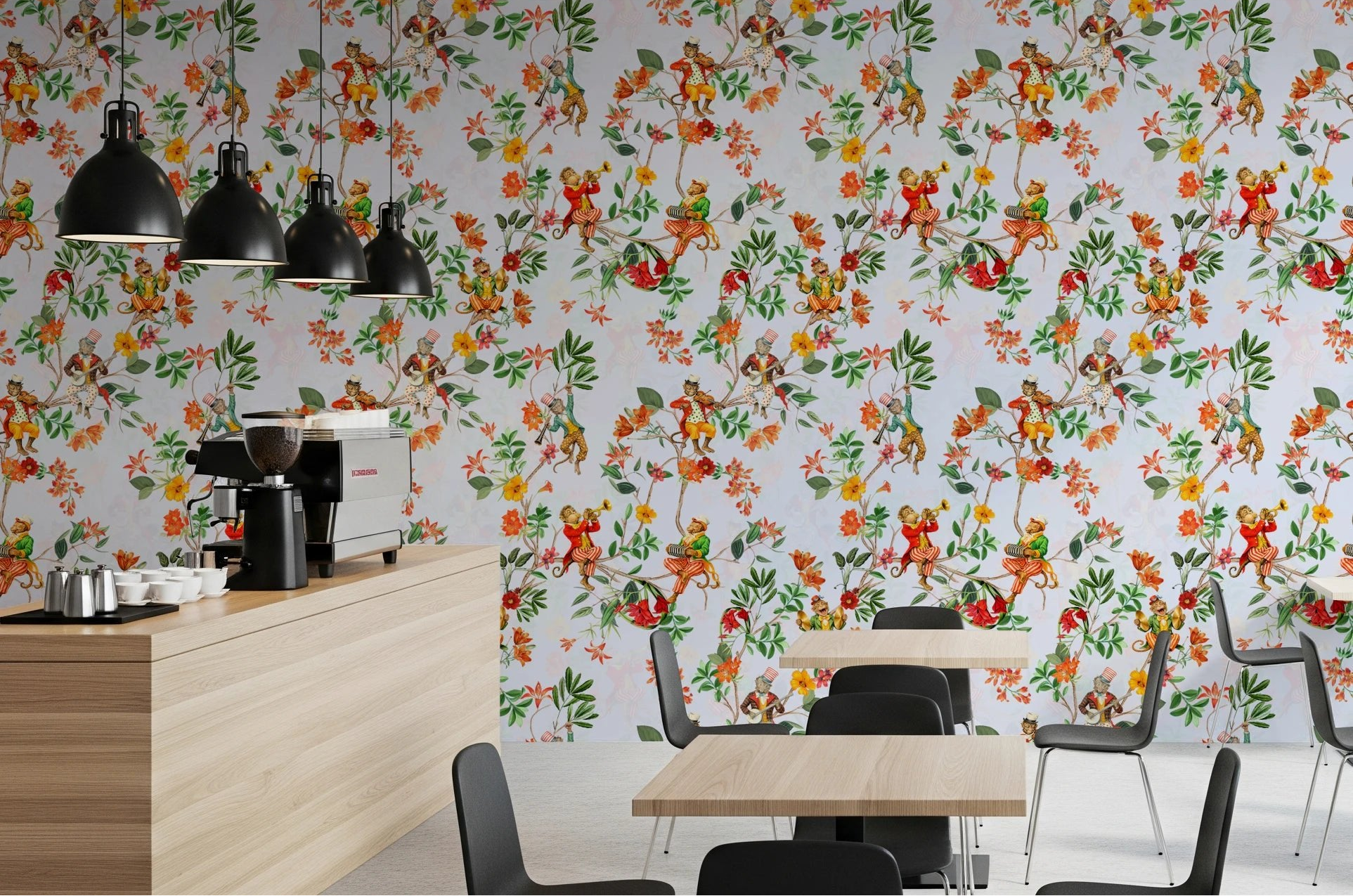 Café-style dining corner finished with whimsical monkey garden blue wallpaper, GD8596