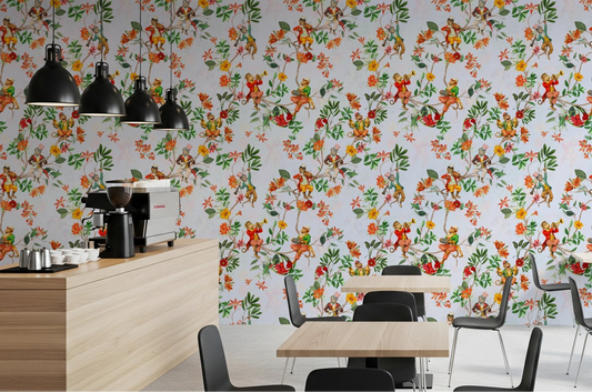 Café-style dining corner finished with whimsical monkey garden blue wallpaper