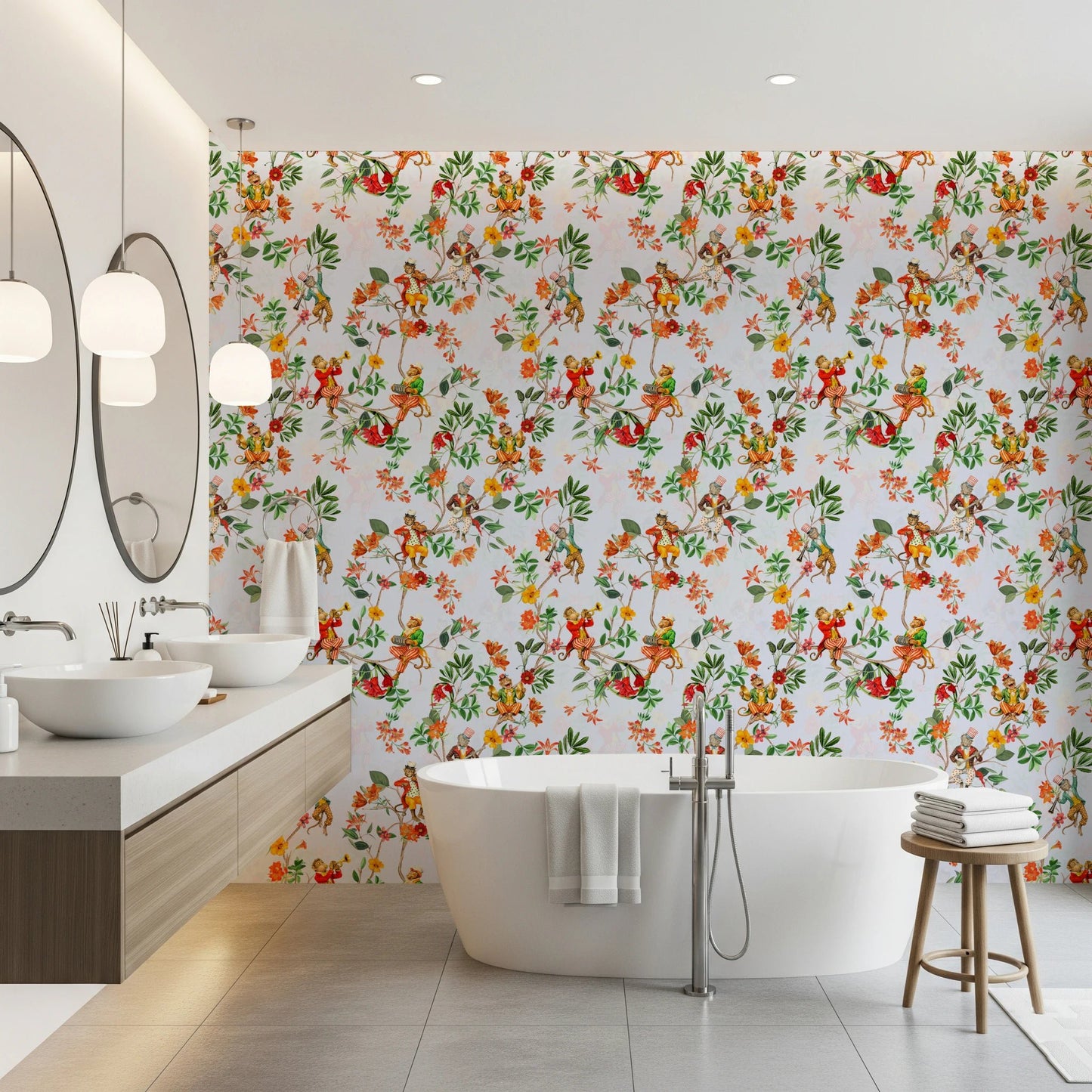 Bathroom vanity area framed by vintage floral monkey blue wallpaper