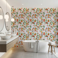 Bathroom vanity area framed by vintage floral monkey blue wallpaper