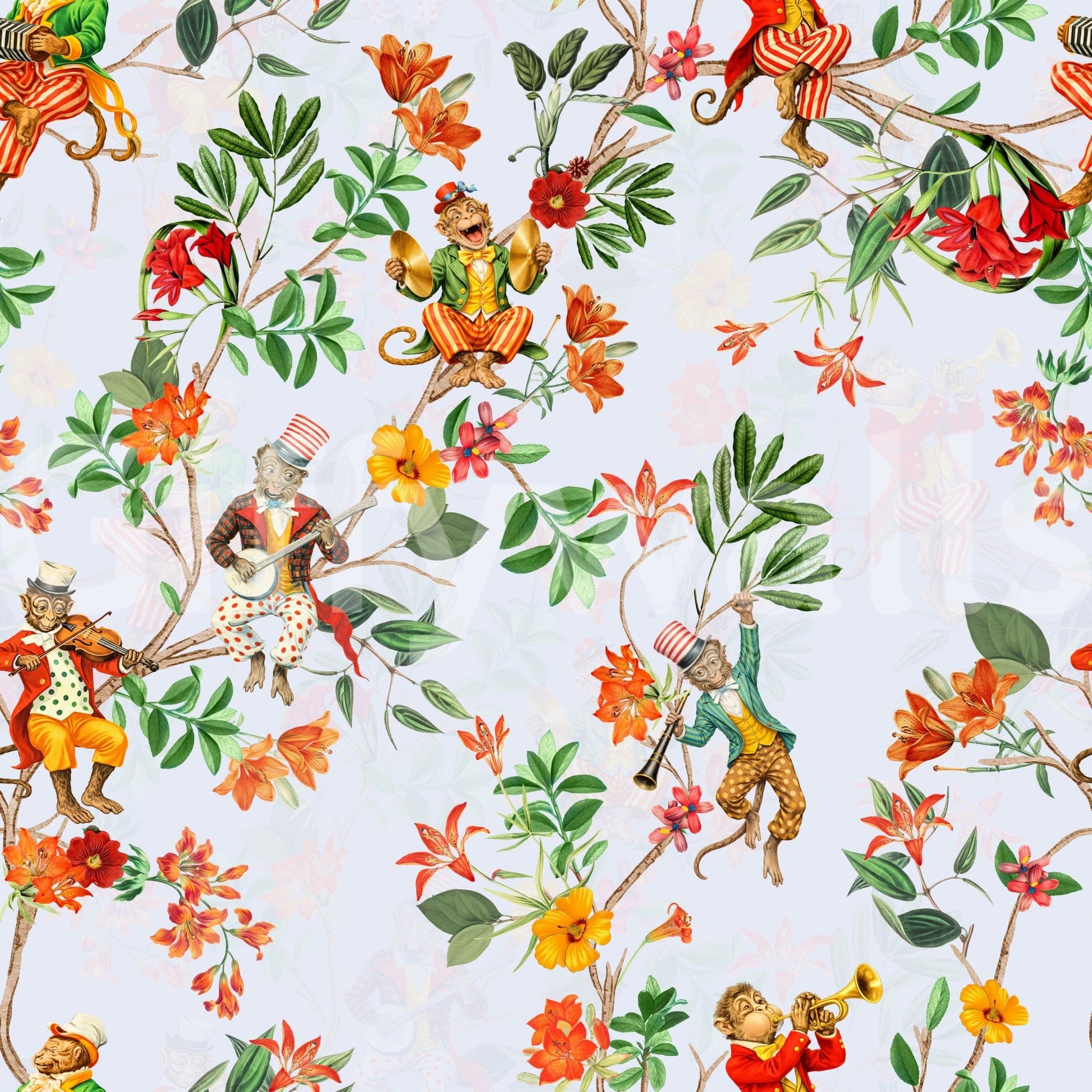 Vintage monkey musician wallpaper in blue with exotic flowers and garden foliage