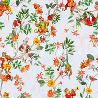Vintage monkey musician wallpaper in blue with exotic flowers and garden foliage