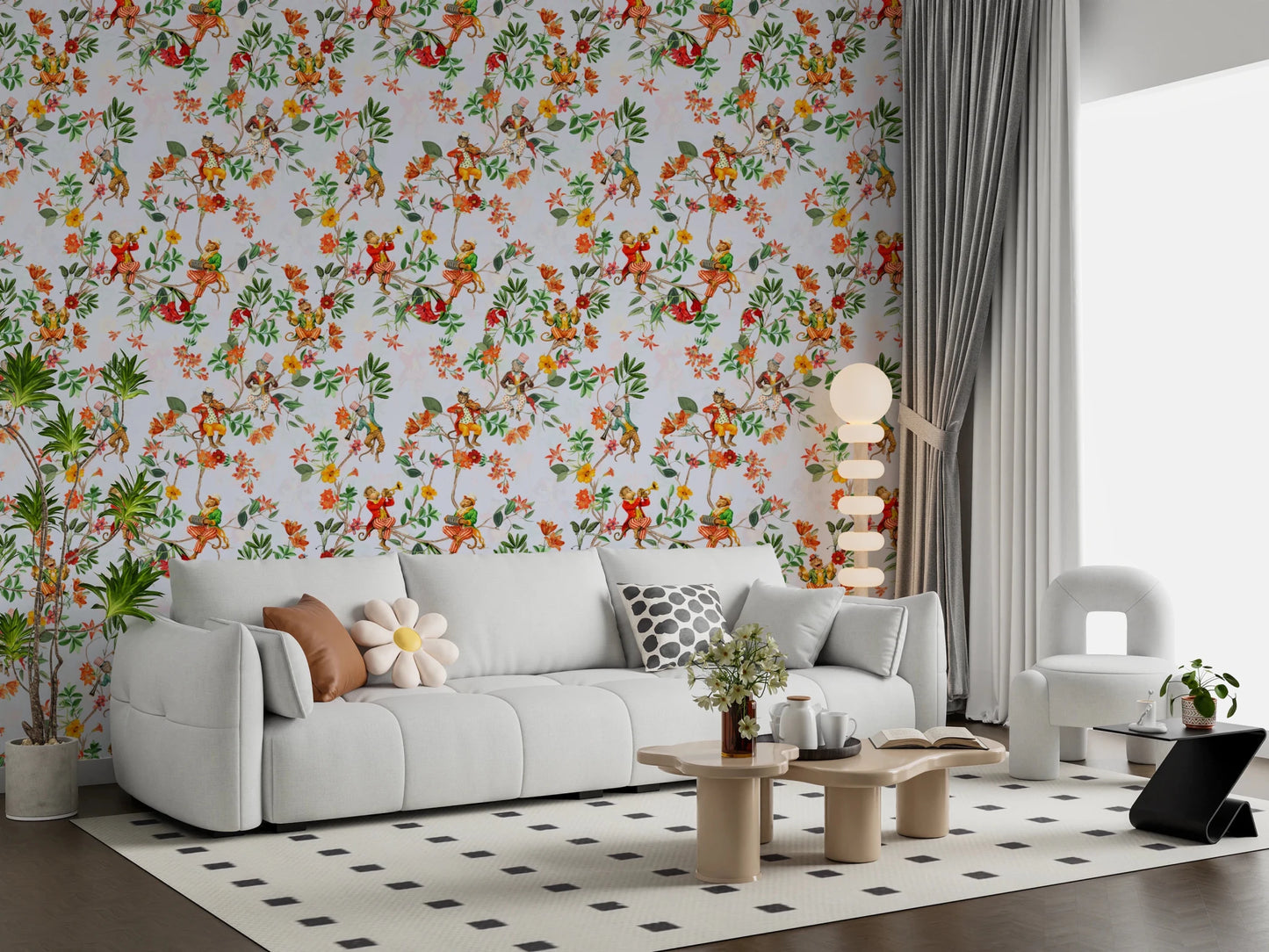 Soft sofa corner updated with Whimsical Monkeys Playing Music garden blue wallpaper