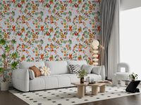 Soft sofa corner updated with Whimsical Monkeys Playing Music garden blue wallpaper
