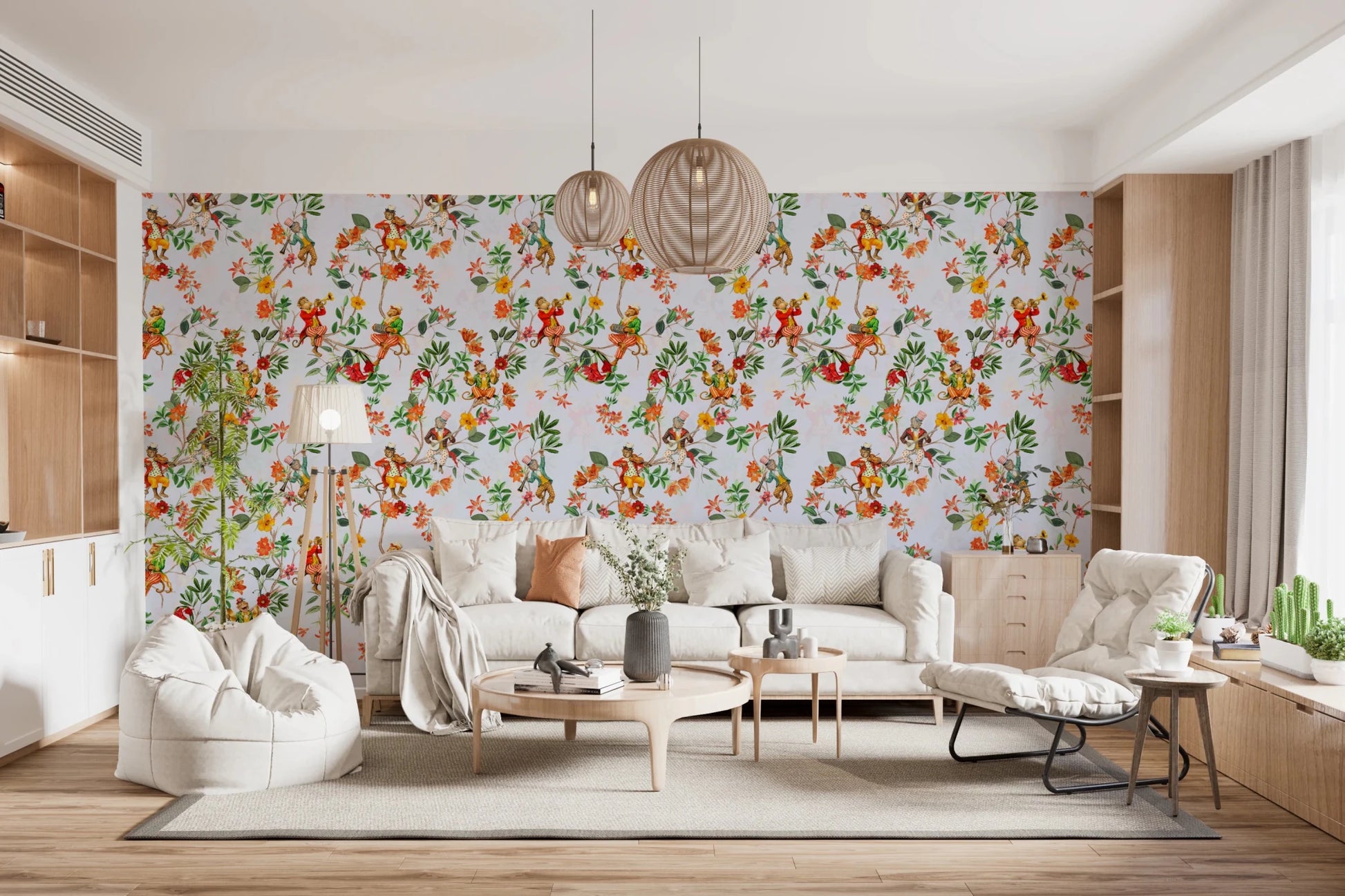 Bright living room lifted by the playful detail of this exotic monkey garden wallpaper