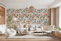 Bright living room lifted by the playful detail of this exotic monkey garden wallpaper