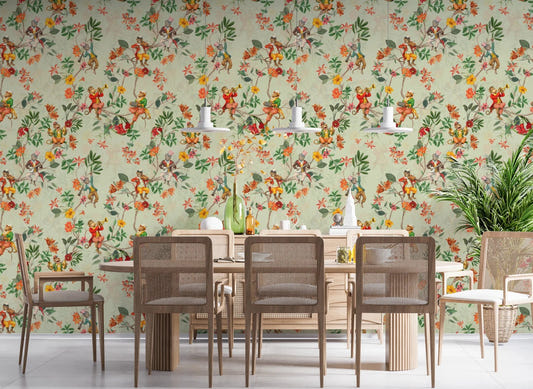 Dining room styled with whimsical monkey garden green wallpaper and woven chairs